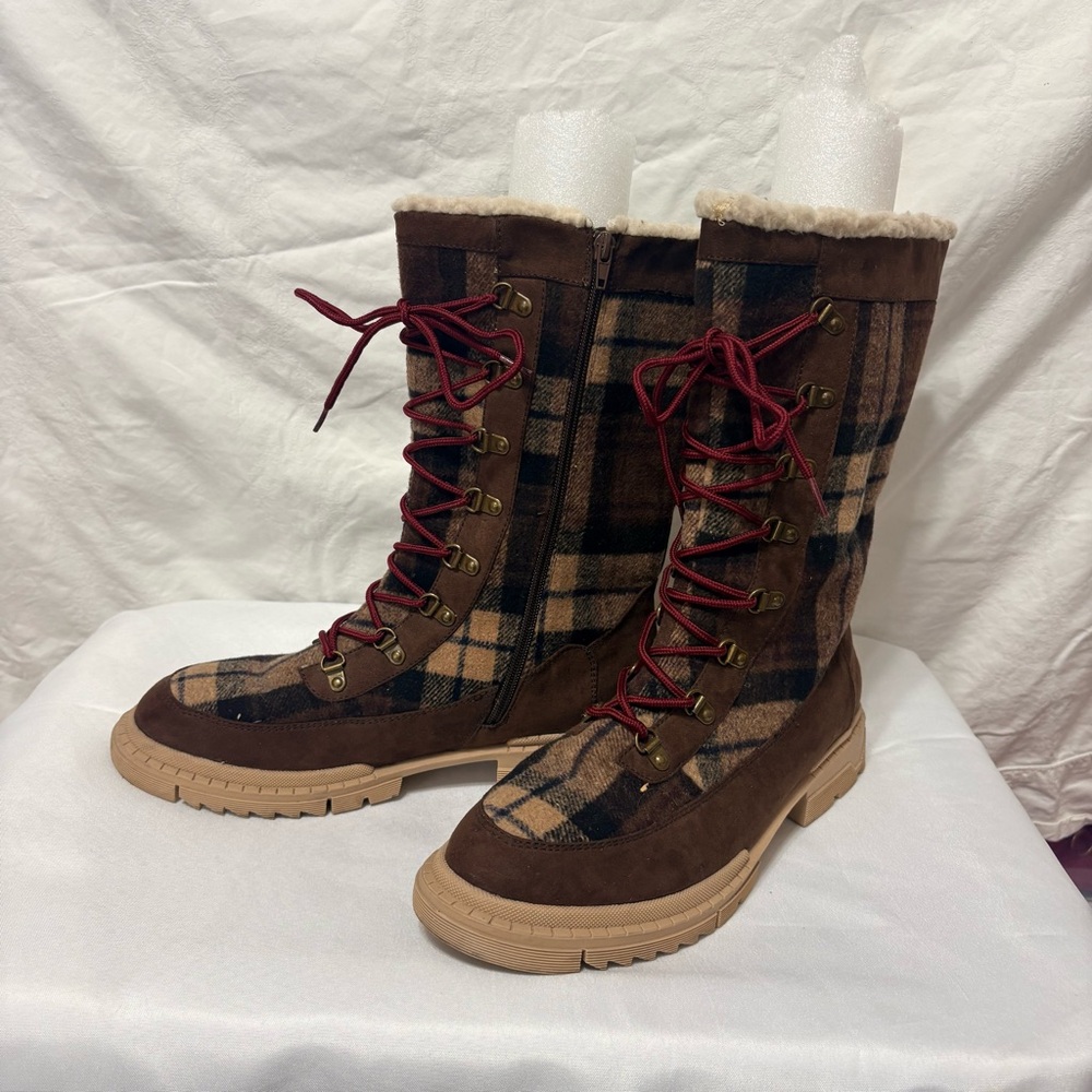 Hayleigh Lace-Up Winter Boots in a brown plaid pattern. - Picture 3 of 13